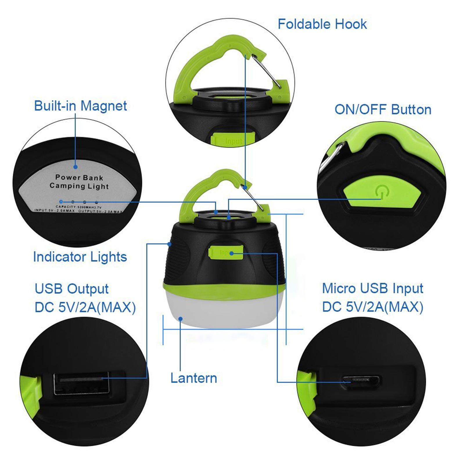 Đèn cắm trại ngoài trời USB usb có thể sạc lại không thấm nước, có nam châm, 5 chế độ chiếu sáng cung cấp năng lượng khẩn cấp, dùng để câu cá đi bộ đường dài