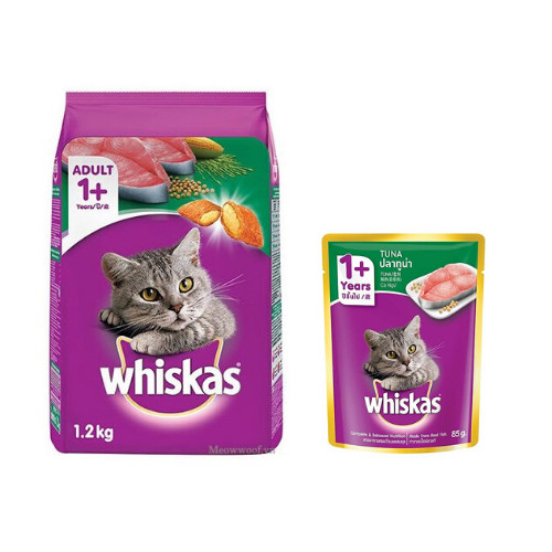 Combo thức ăn cho mèo lớn Whiskas vị cá ngừ 1,2kg + Pate mèo lớn vị cá ngừ 85g