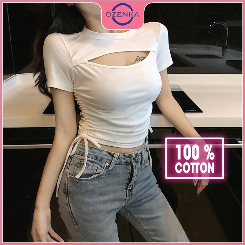 Áo thun croptop nữ ngắn tay dây rút khoét ngực, áo crt ôm body kiểu hàn quốc cổ tròn gợi cảm đen trắng dưới 50kg