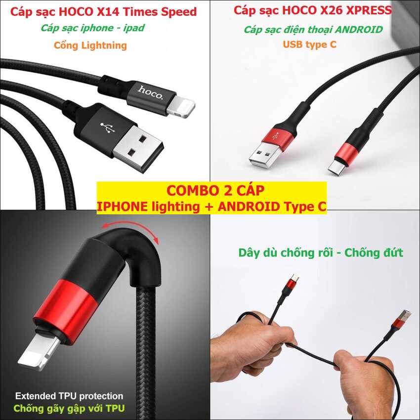 Cáp Sạc Điện Thoại cho Android và Iphone, ipad (combo 2 cái) HOCO loại tốt - 1 Type C, 1 Light.ning – Dây Sạc Nhanh bọc dù chống xoắn, đứt (hàng chính hãng)