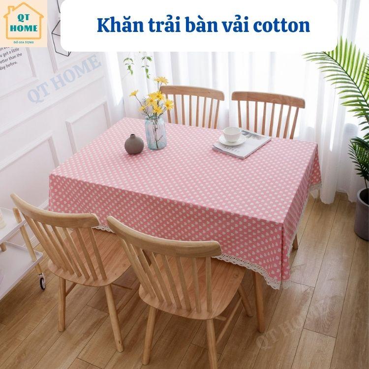 Khăn Trải Bàn Vải Cotton Nền Hồng, Họa Tiết Trái Tim, Viền Ren
