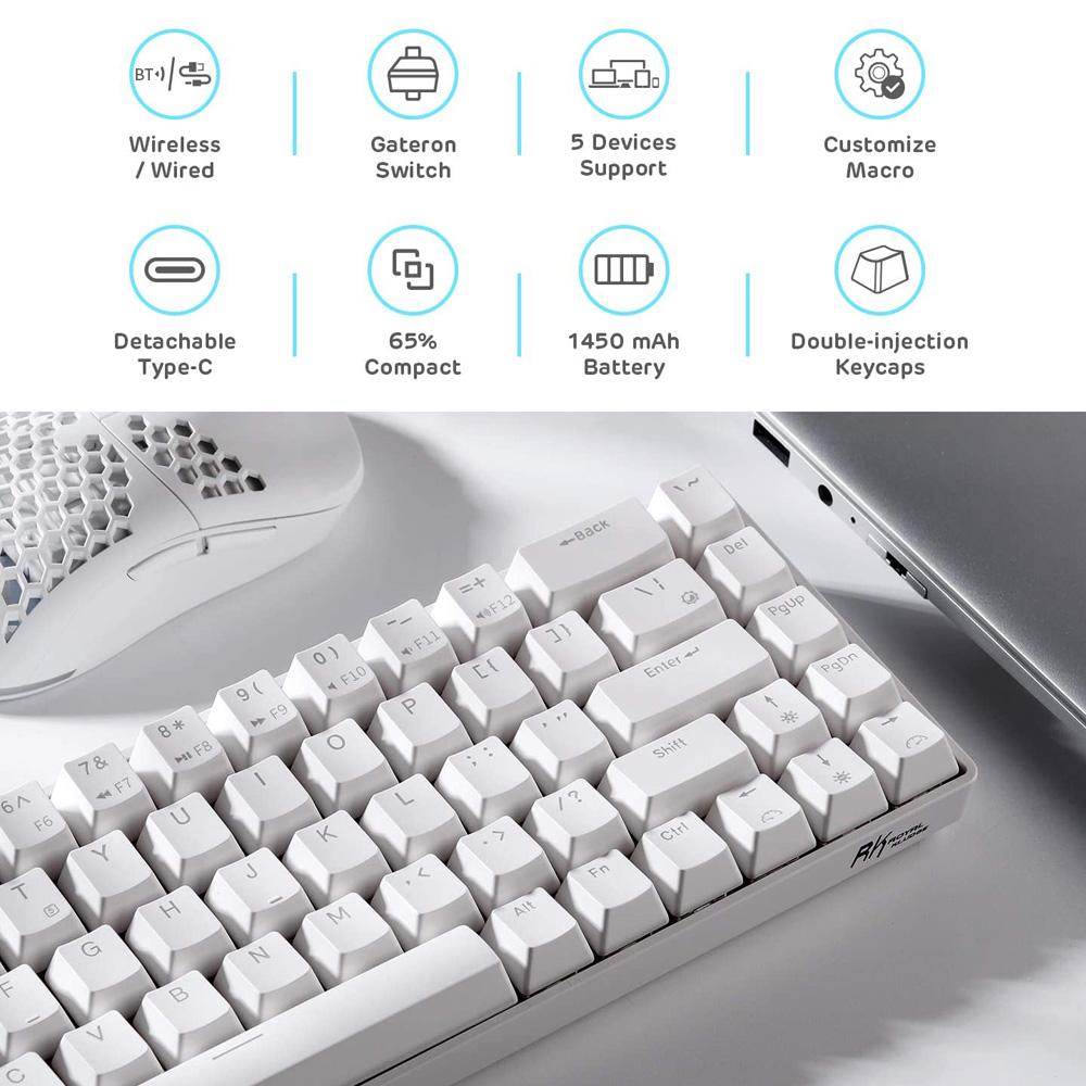Bàn phím RK855 BT chế độ kép có dây đèn nền trắng 68 phím cơ mini cho điện thoại / máy tính bảng