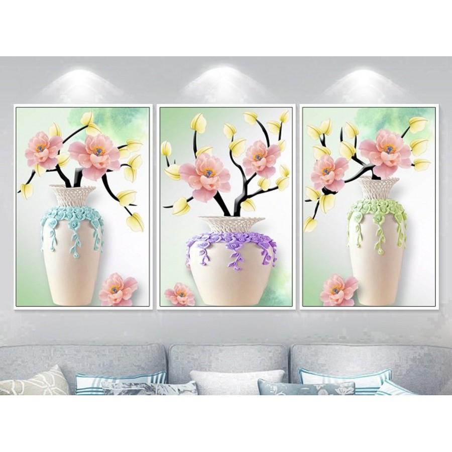 Tranh treo tường canvas lọ hoa mẫu đơn decor trang trí phòng khách, phòng ngủ &amp; cầu thang có khung cao cấp tặng kèm đinh