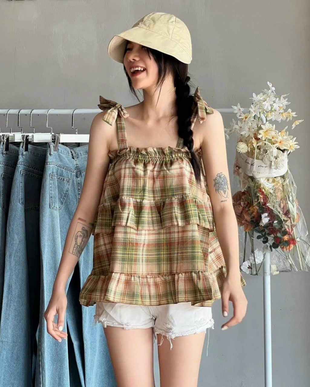 Áo hai dây babydoll caro nữ phối viền bèo tầng cột nơ vai phog cách Vintage siêu xinh chất vải kate, ÁO SƠ MI KẺ ĐỎ BÈO TÂNG 2S CHO NỮ,