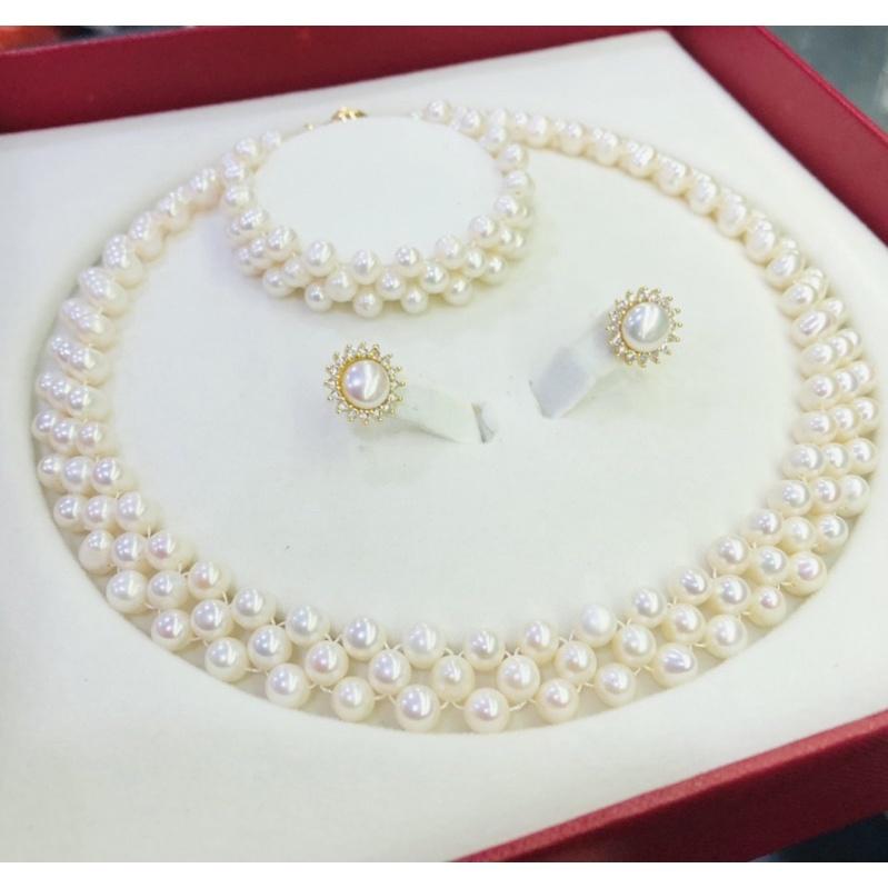 Bộ Trang Sức Ngọc Trai Hạt 6ly Đan 3 Món Màu Trắng, Bộ Trang Sức Dự Tiệc Ngọc Trai Nước Ngọt - Trường Thịnh Ngọc Trai