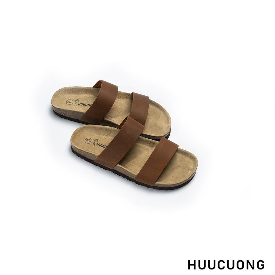 Dép unisex HuuCuong 2 quai da bò nâu đế trấu handmade