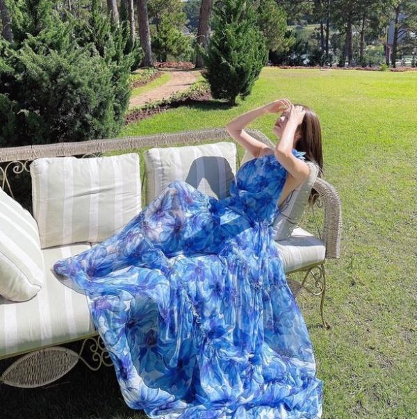 Đầm váy maxi voan lót lụa mút ngực hoa xanh lệch xoè dài dập ly đi biển dự tiệc dạo phố bigsize gợi cảm sexy
