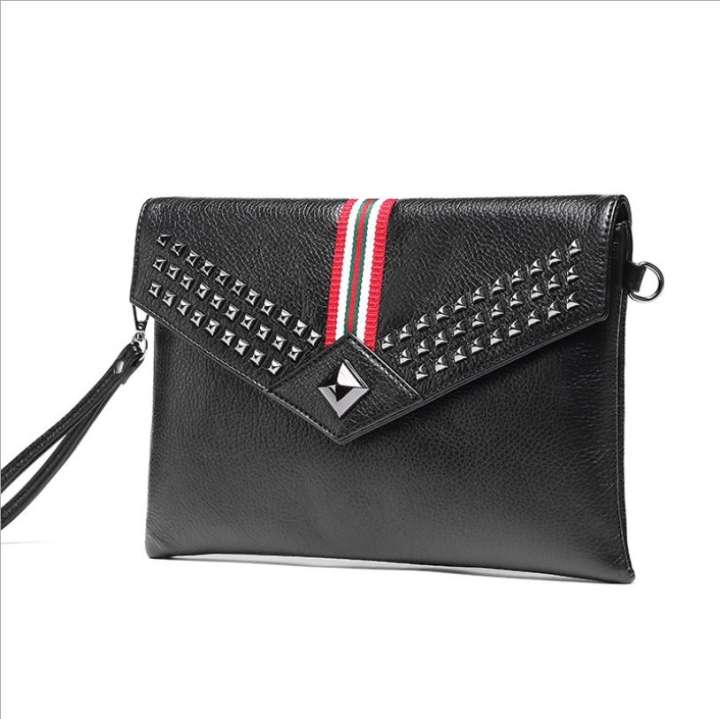 Unisex Fashion Striped Clutch Bag PU Leather - Black