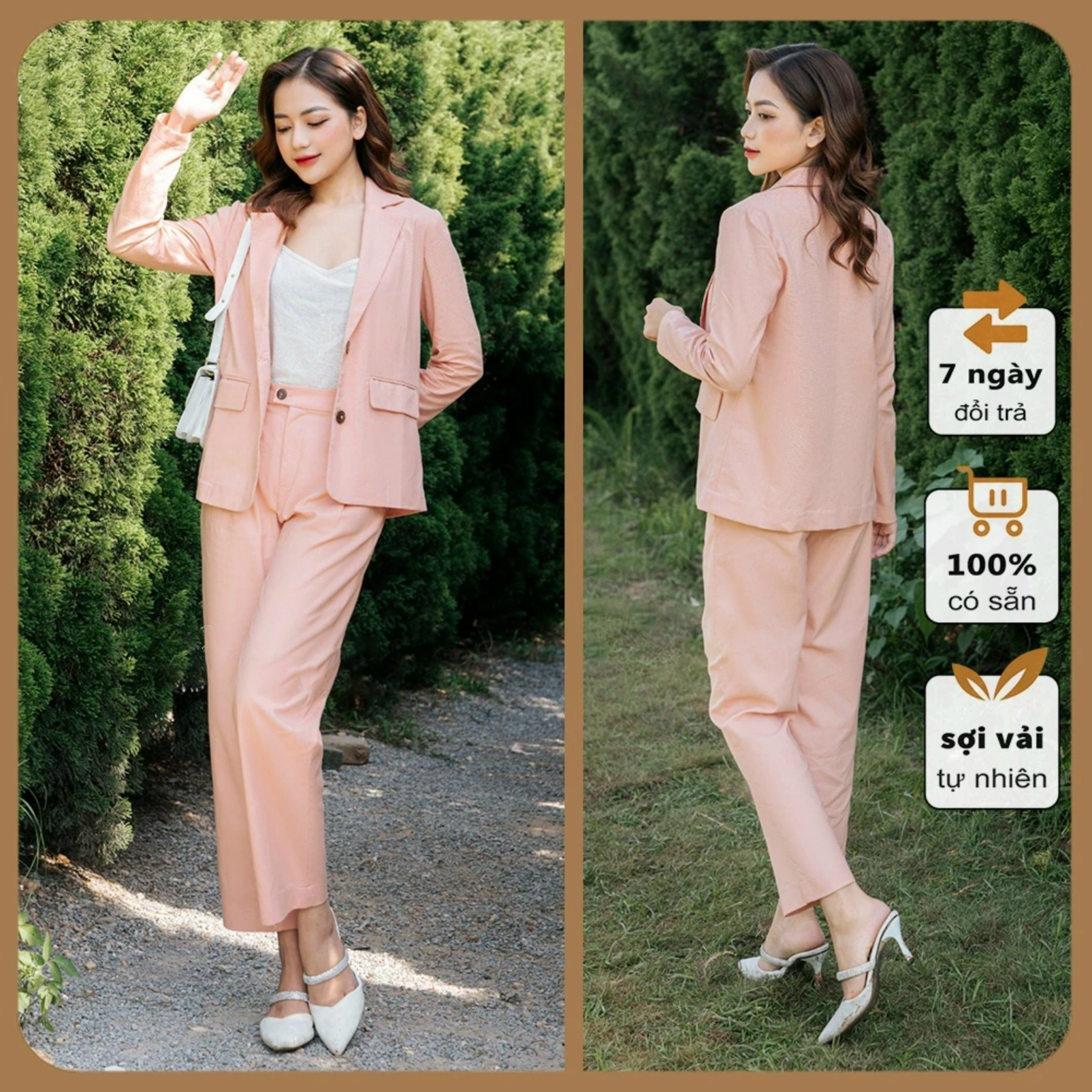 Set áo khoác blazer + quần dài chất linen, màu hồng trẻ trung nữ tính, thời trang công sở Haint Boutique Bv02