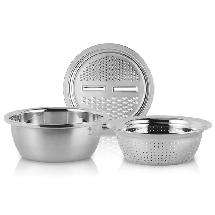Bộ bào nạo rau củ kiêm rổ và chậu Inox đa năng, Bộ nạo đa năng thép chống rỉ kiêm rổ và chậu