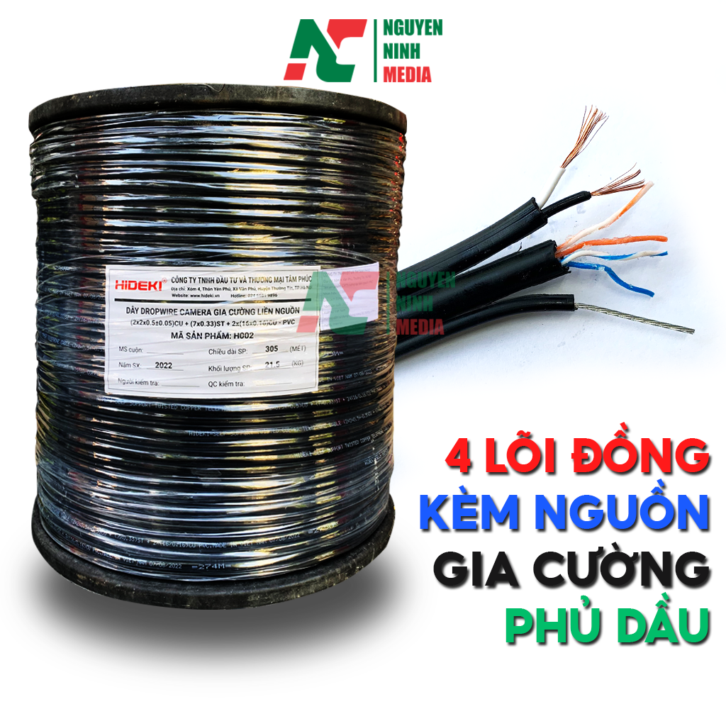 Dây Mạng 4 Lõi Đồng HIDEKI Kèm Nguồn + Gia Cường Và Phủ Dầu Chống Ẩm - Hàng Chính Hãng