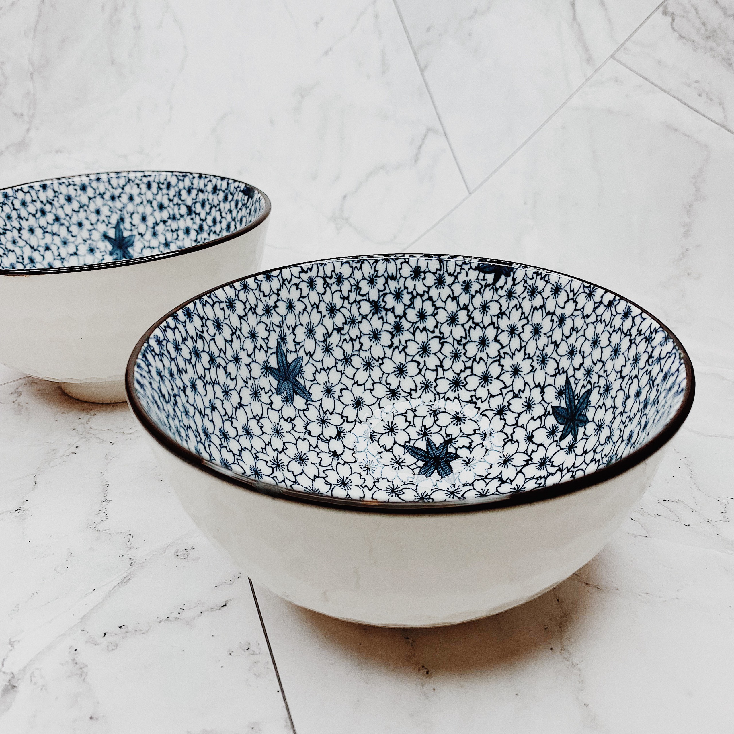 Bộ 6 chén (bát) cơm phong cách Nhật Bản Ceramic Porcelain - Hoa văn men lam giả cổ (Hộp xanh sang trọng) MFA-6C