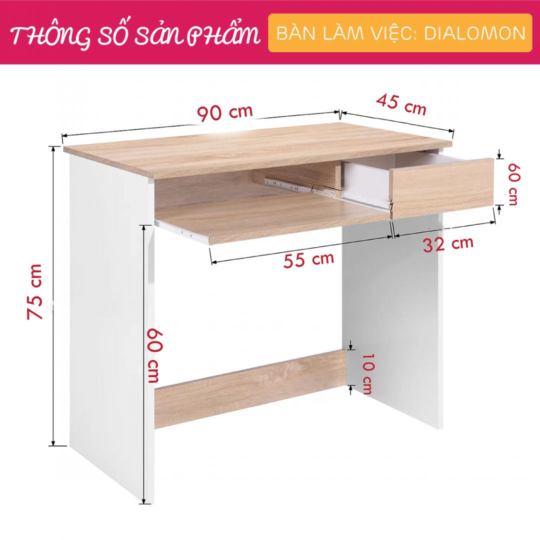 Bàn làm việc, bàn vi tính gỗ hiện đại SMLIFE Dialomon | Gỗ MDF dày 17mm chống ẩm | D90xR45xC75cm