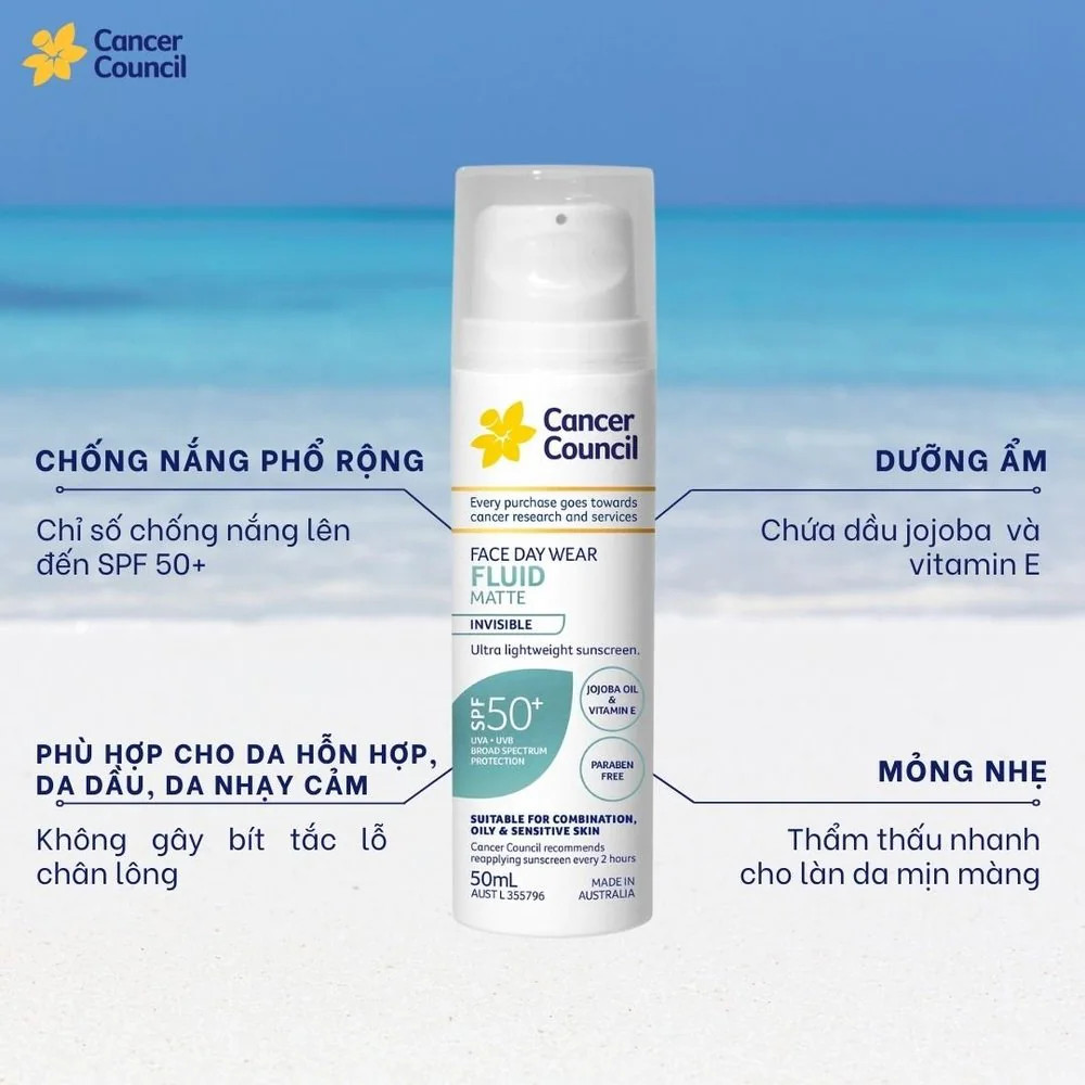 Sữa Chống Nắng Cancer Council Mỏng Nhẹ Dùng Hằng Ngày Invisible Fluid Matte SPF50+ PA++++ 50ml