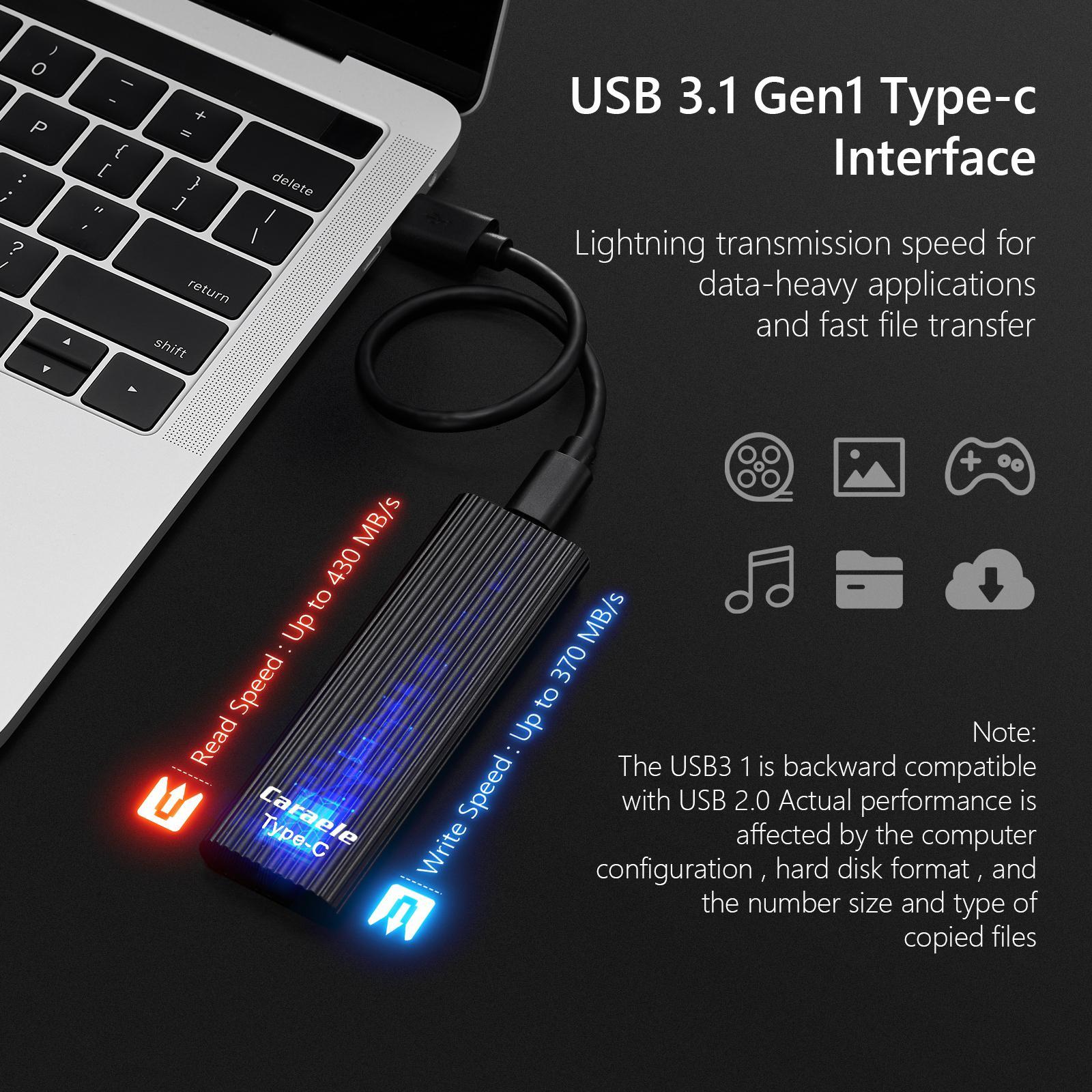 500GB SSD External Portable Storage USB 3.1 Gen-1 USB-C Compatible