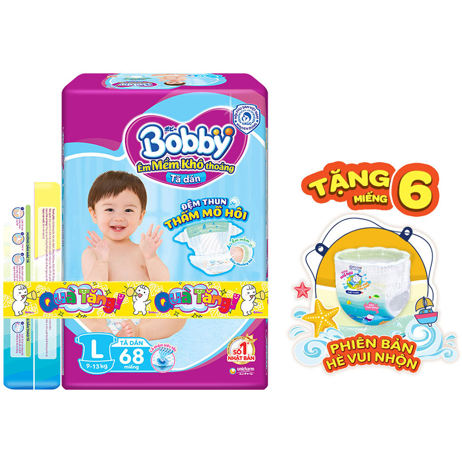 Tã Dán Bobby Đệm Thun Thấm Mồ Hôi L68 (68 Miếng) - Tặng 6 Miếng Phiên Bản Hè Vui Nhộn