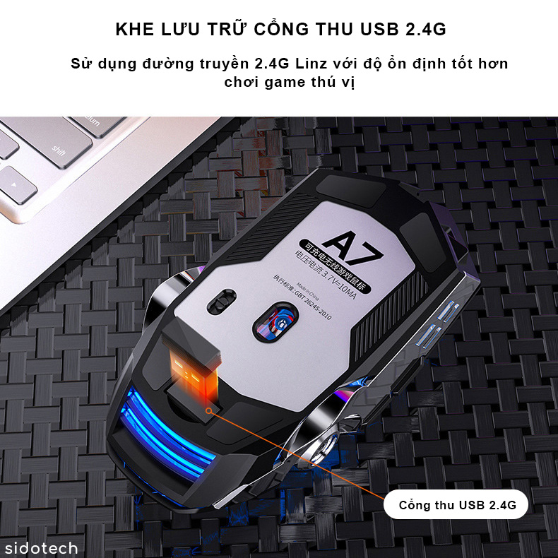 Chuột Gaming không dây Wireless SIDOTECH S7A chơi game không độ trễ sạc pin trực tiếp, điều chỉnh độ nhạy DPI, LED biến đổi chủ động chuyên cho game thủ Streamer - Hàng Chính Hãng