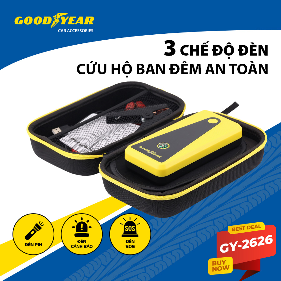 Bộ Kích Bình Cho Xe Hơi 400A GOODYEAR GY-2626 Đa Chức Năng Sạc Dự Phòng 6400mAh Đèn LED Khẩn Cấp Tích Hợp La Bàn - Hàng Chính Hãng