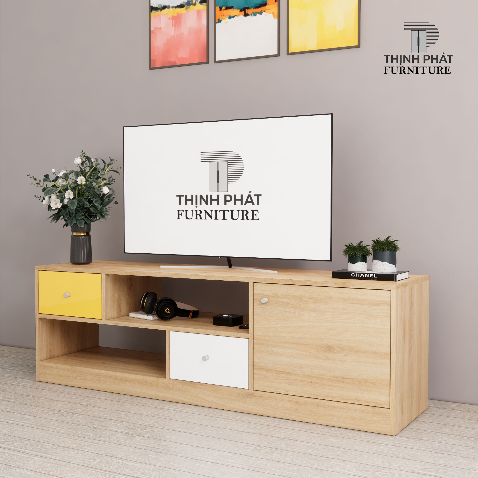 KỆ TIVI – KỆ TV THIẾT KẾ HIỆN ĐẠI DÀI 1M4 – THỊNH PHÁT FURNITURE KTV-TP01 (140cm x 50cm x 40cm)