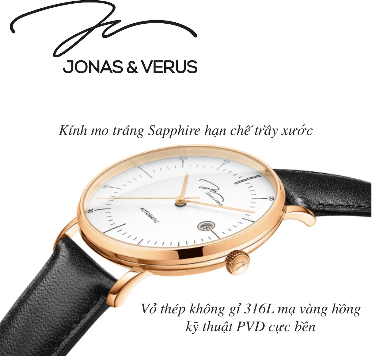 Đồng hồ đeo tay Nam hiệu JONAS &amp; VERUS Y01562-A0.PPWLB, Máy Cơ (Automatic), Kính Sapphire chống trầy xước, Dây da Italy