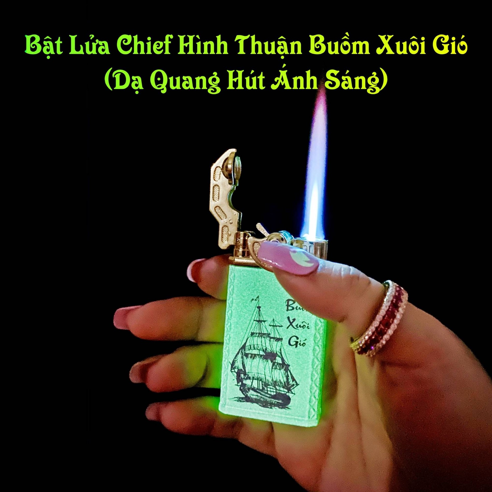 Hộp quẹt bật lửa khè Chief búng tay đánh lửa dạ quang hút ánh sáng hình thuận buồm xuôi gió - (xài gas)