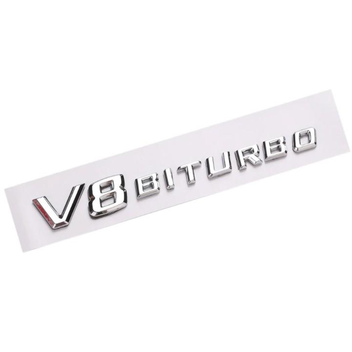 Decal tem chữ V8 Biturbo dán hông xe Mercedes. Chất liệu nhựa ABS mạ crom, kích thước 19*2.3cm.