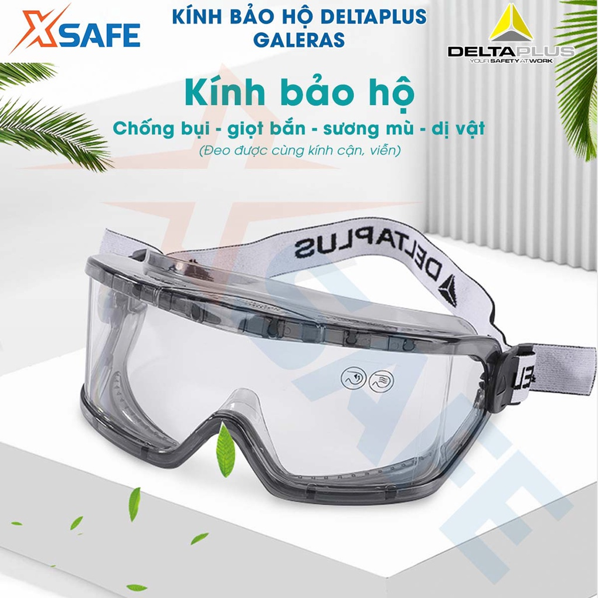 Kính bảo hộ chống hóa chất Deltaplus Galeras Mắt kính đeo được cùng kính cận, điều chỉnh, chống bụi , chống đọng sương