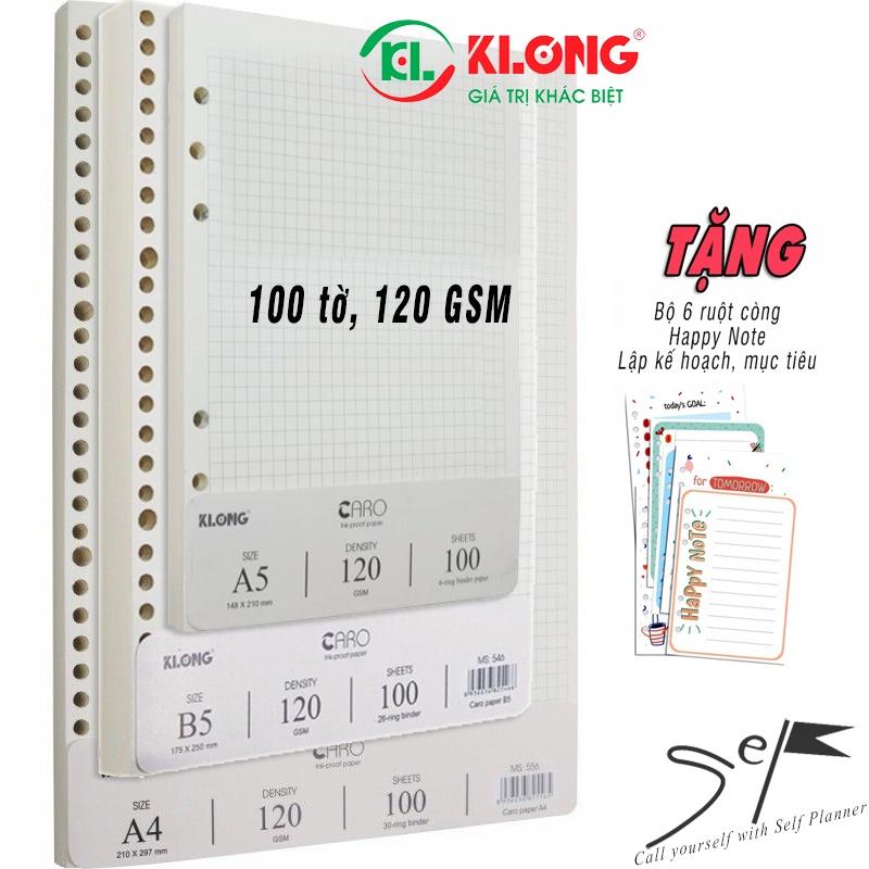 Sổ còng/Ruột refill Klong caro, kẻ ngang, chấm bi A5 A4 B5 - 100 tờ 120gsm, tặng 6 ruột Happy Note