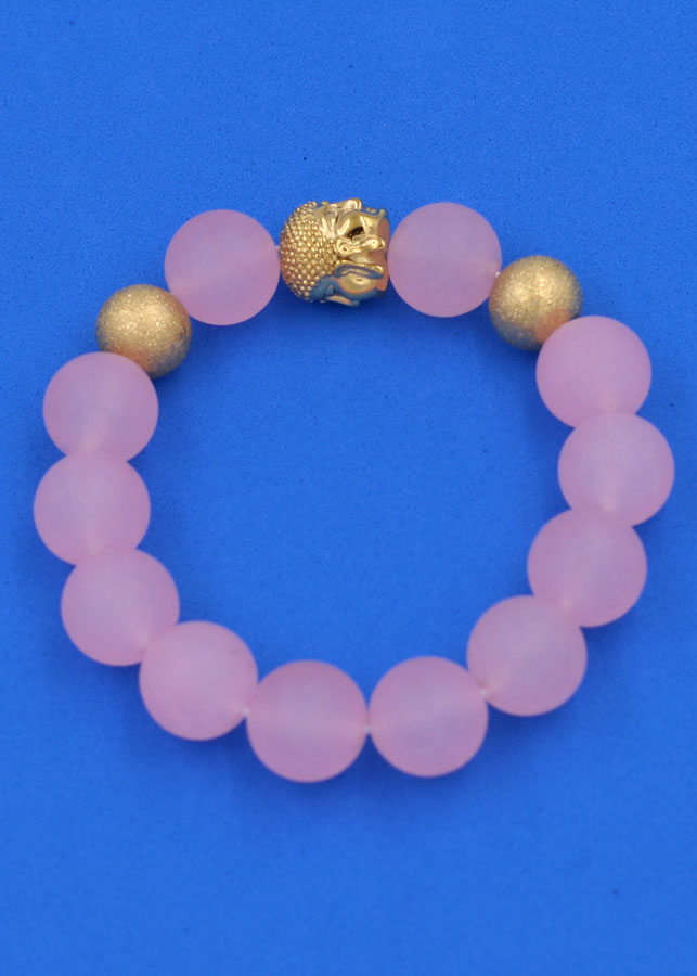 Chuỗi đeo tay Thạch Anh Hồng Phấn Mờ 14 ly - Vòng tay Phật A Di Đà inox vàng VTAHPMNLVHB14 - hợp mệnh Hỏa, mệnh Thổ - Vòng đeo tay size lớn