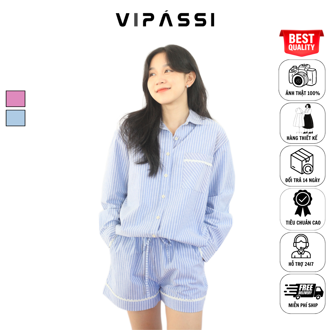 VIPÁSSI Quần Short Cotton Sọc Lưng Thun Dây Rút Túi Xẻ Họa Tiết Ren