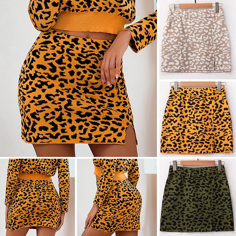 Fashion Women Knitted Mini Skirt Leopard Elastic High Waist Slit Front Slim Autumn Winter Casual Short Skirt