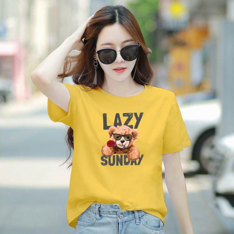 Áo thun nữ cổ tròn form rộng in hình gấu dễ thương thun cotton 4 chiều từ 45-60kg