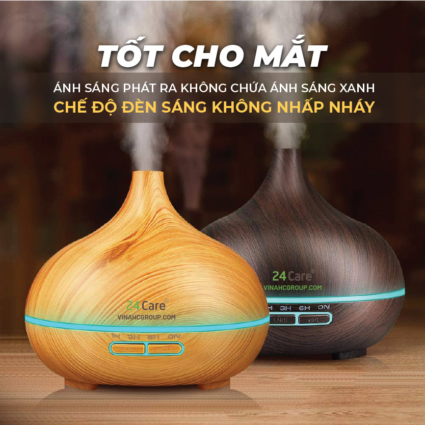 Máy khuếch tán Tinh Dầu 24Care Cổ Cao Đen Ultrasonic 500ml, Tặng 3 Chai Tinh dầu Sả Chanh + Bạc Hà + Cam Úc 24Care 10ml | Xông Phòng | Kèm Remote Điều Khiển |Công nghệ siêu âm tiên tiến.