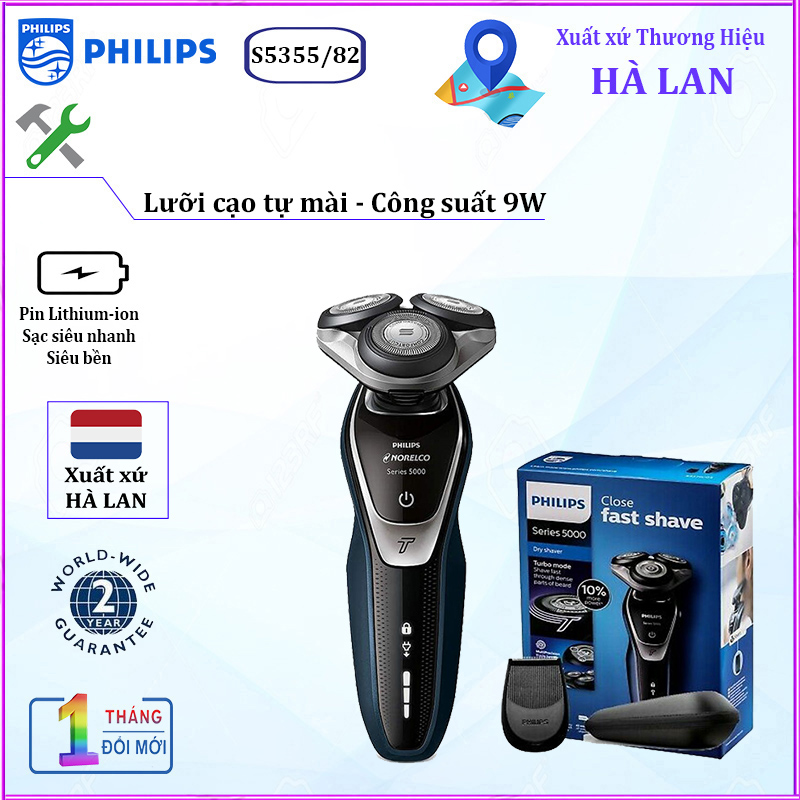 Máy cạo râu khô và ướt cao cấp Philips Norelco S5355/82 tích hợp đầu cạo linh hoạt theo 5 hướng cạo nhanh và sát - Hàng Nhập Khẩu