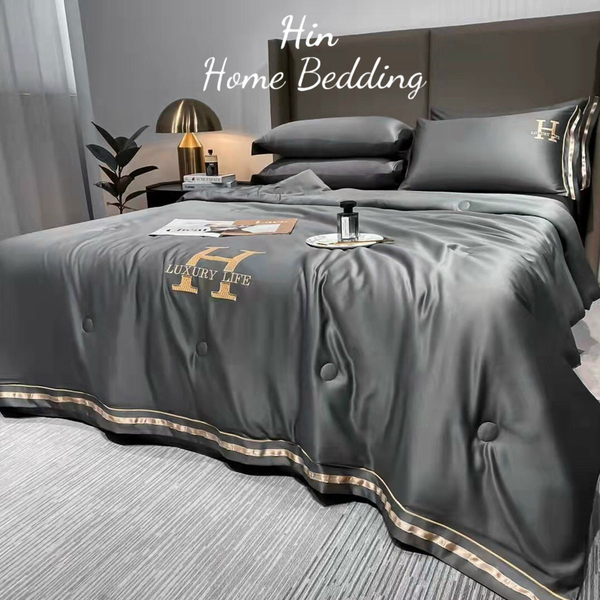 Bộ Chăn Ga Gối Đệm 5 Món Chăn Phao Lụa Thái Hin Home Bedding Drap Giường Lụa Mẫu Xám Lông Chuột