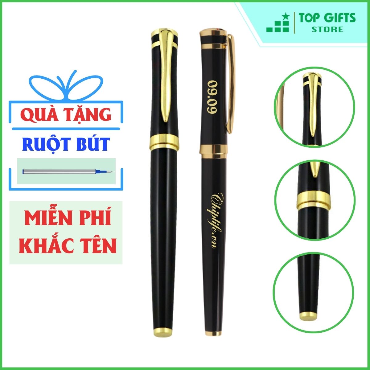 Bút ký khắc tên ALAN nắp bật viền vàng ngòi 0.5mm ALV026| Quà tặng sinh nhật + Ruột bút