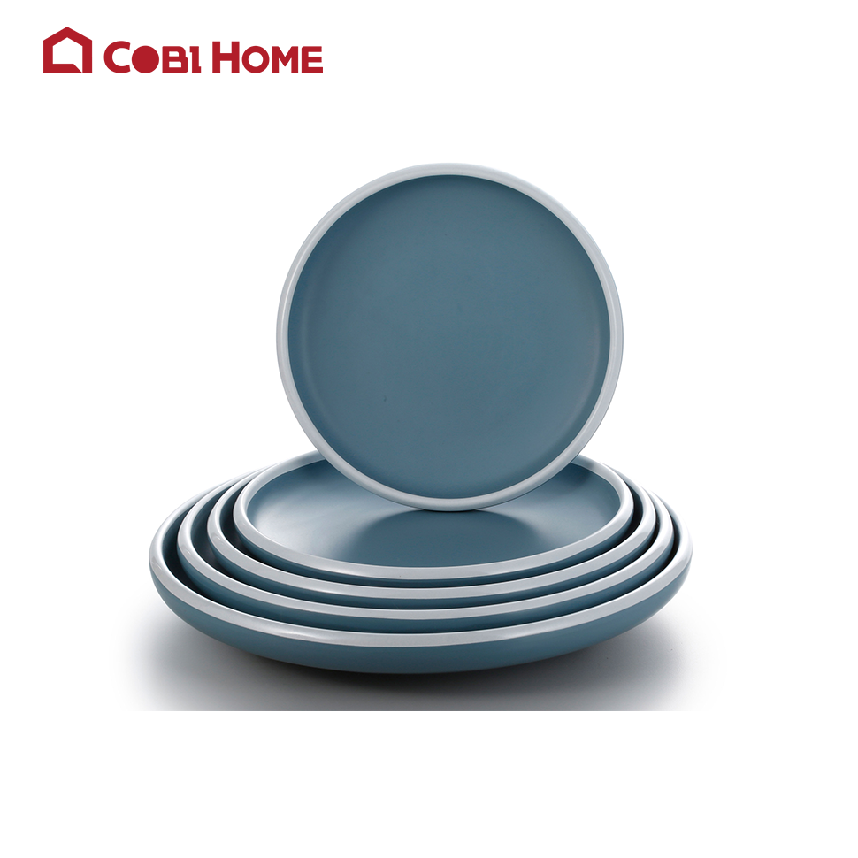 Dĩa tròn bằng melamine cao cấp màu xanh vân trắng - nhiều size