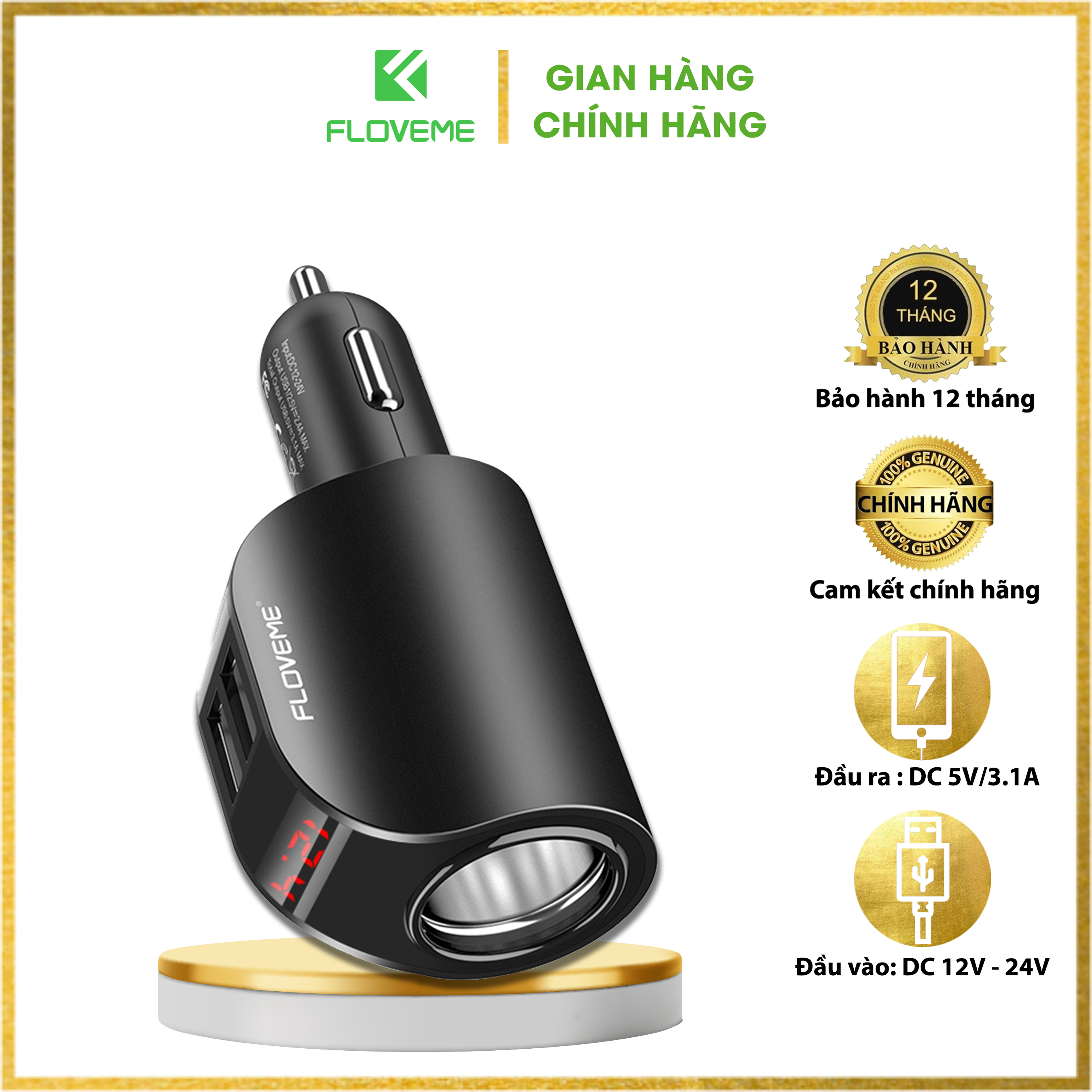 Bộ Sạc Trên Xe Hơi FLOVEME 5V 3.1A, 2 Cổng USB, Hiển Thị Kỹ Thuật Số, Dùng Cho Điện Thoại Di Động,  Nhanh Máy Tính Bảng, Kết Hợp GPS,  Xe Xiaomi, iPhone, Samsung, 2 Cổng - Hàng chính hãng