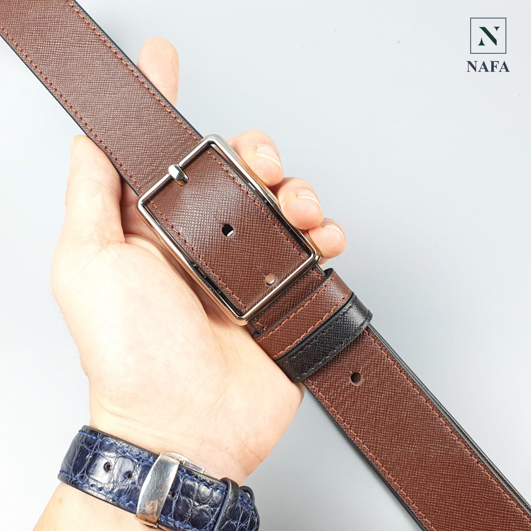 Thắt lưng da Saffiano cao cấp 2 màu dây, khóa kim xoay tiện lợi sang trọng NAFA BL120