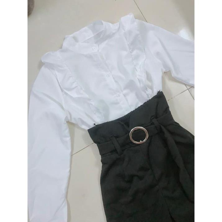TBL-Set bộ thời trang nữ áo sơ mi trắng dài tay kèm quần suông kate đen phong cách nữ sinh, thời thượng