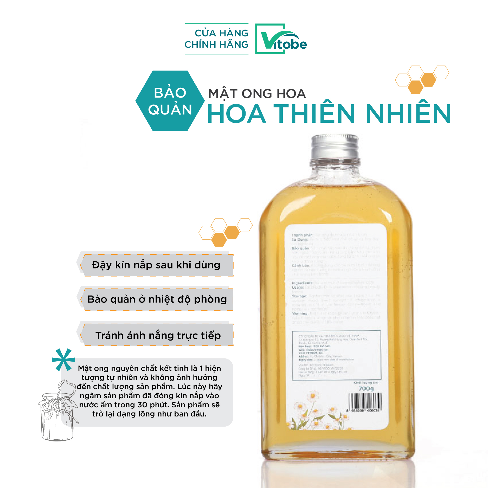 Mật Ong Thiên Nhiên Vitobe (700gr) - 100% Nguyên Chất Và Hữu Cơ