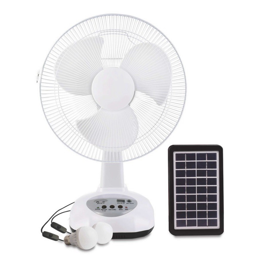 Quạt sạc tích điện năng lượng mặt trời đa năng Recharaeable Fan, Không tốn tiền điện, Mất điện vẫn sạc, 2 Bóng đèn LED, 1 Tấm năng lượng mặt trời, Cổng sạc USB cho điện thoại di động, TN Bluetooth Siêu Bass Có Mic Đàm Thoại trò truyện trên Zoom