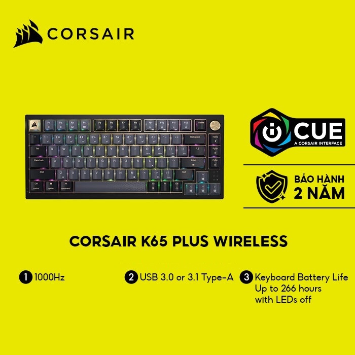 Bàn phím không dây Corsair K65 CSR RED-BLK-GLD (K65 Plus Wireless) - Hàng chính hãng