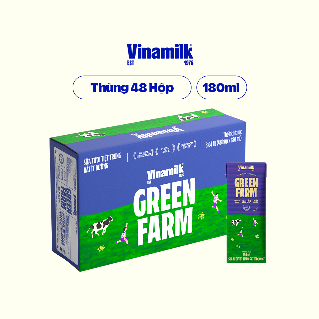 Thùng 48 Sữa Tươi Tiệt Trùng Vinamilk Green Farm - Sữa Tươi 100% Ít Đường 180ml