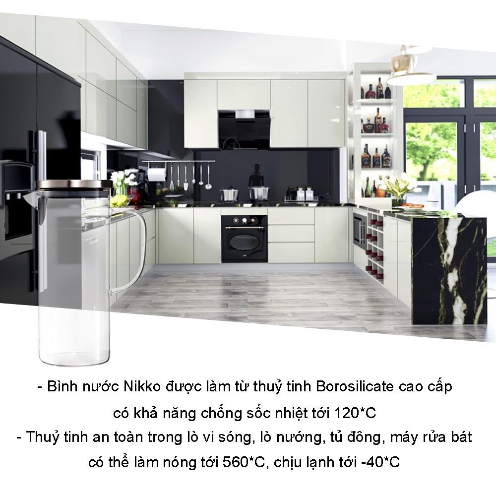 Bình đựng nước thuỷ tinh có quai cầm sang trọng 1.3l Nikko Inochi bình thủy tinh chịu nhiệt