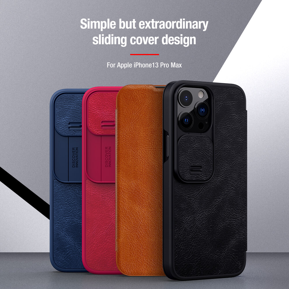 Case bao da chống sốc cho iPhone 13 Pro Max trang bị nắp bảo vệ Camera hiệu Nillkin Qin Pro - hàng nhập khẩu