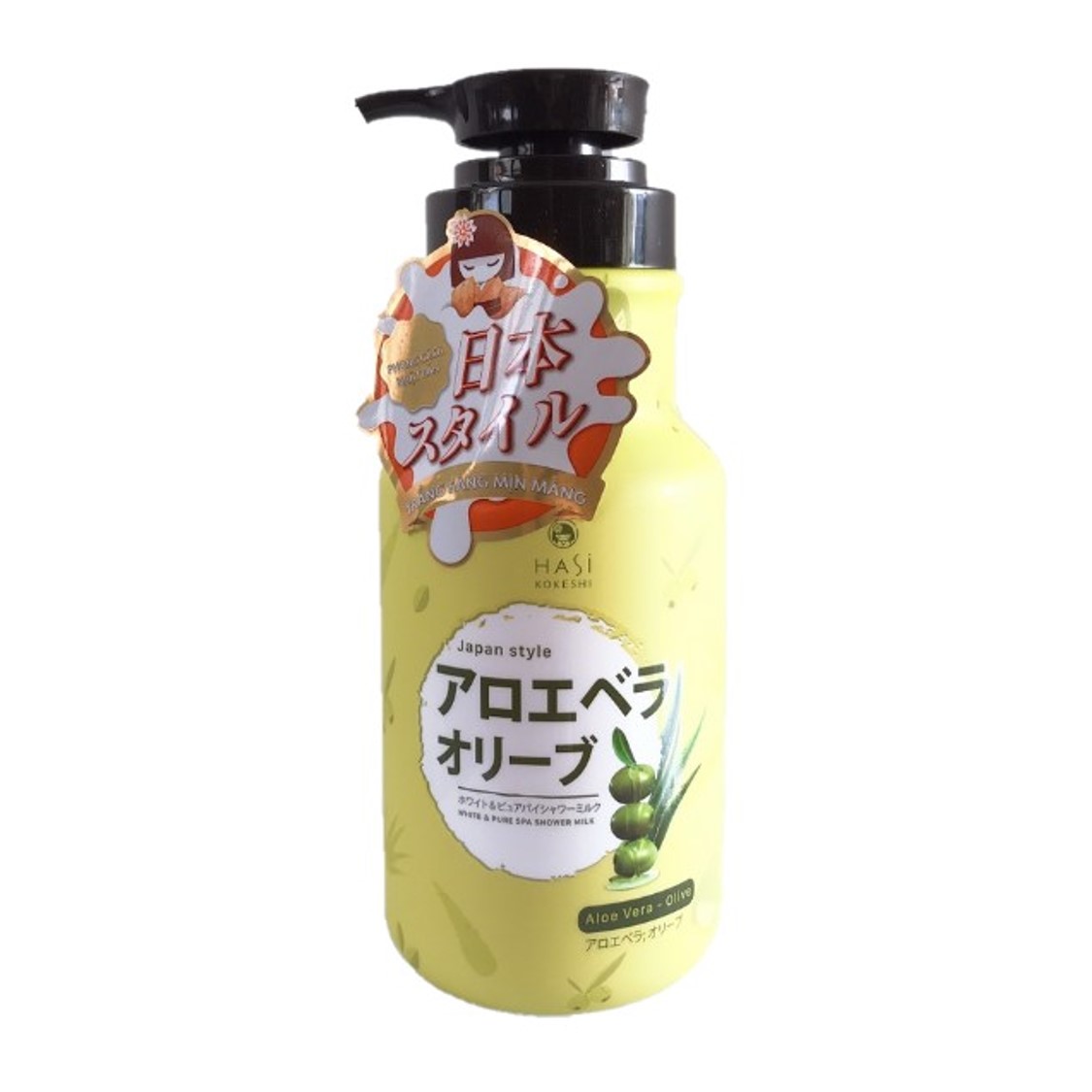 COMBO GIFT SET Sữa tắm Hasi Kokeshi dưỡng trắng da chiết xuất Nha đam-Olive 600ml &amp; Bông tắm