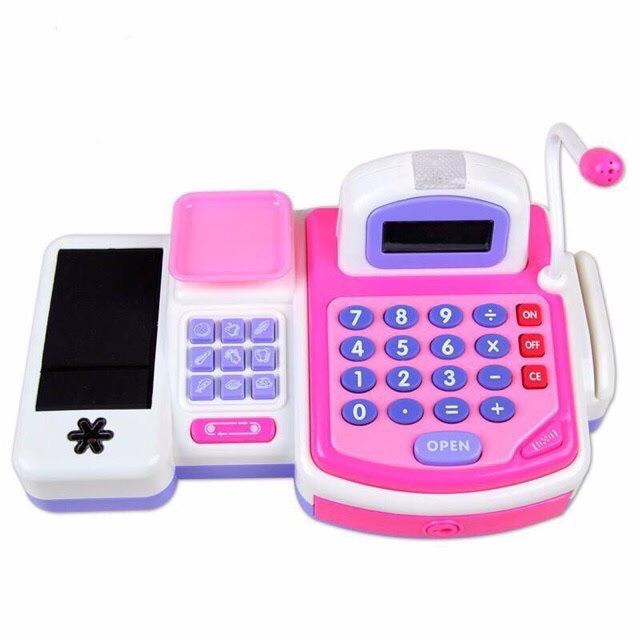 Đồ chơi máy tính tiền siêu thị màu hồng dùng pin, có âm thanh, quẹt thẻ, quét mã vạch cho bé 5911