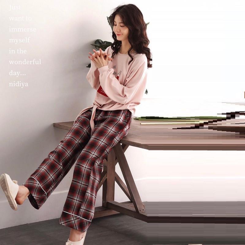 Bộ mặc nhà nữ dài tay vải thun cotton cột nơ quần kẻ