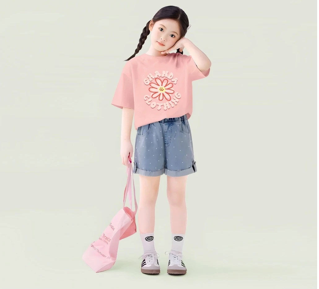 Set Đồ Bé Gái Áo In Hoa Dễ Thương Kèm Quần Jean Short Chấm Bi Thời Trang Từ 12-45kg Dành Cho Bé Gái